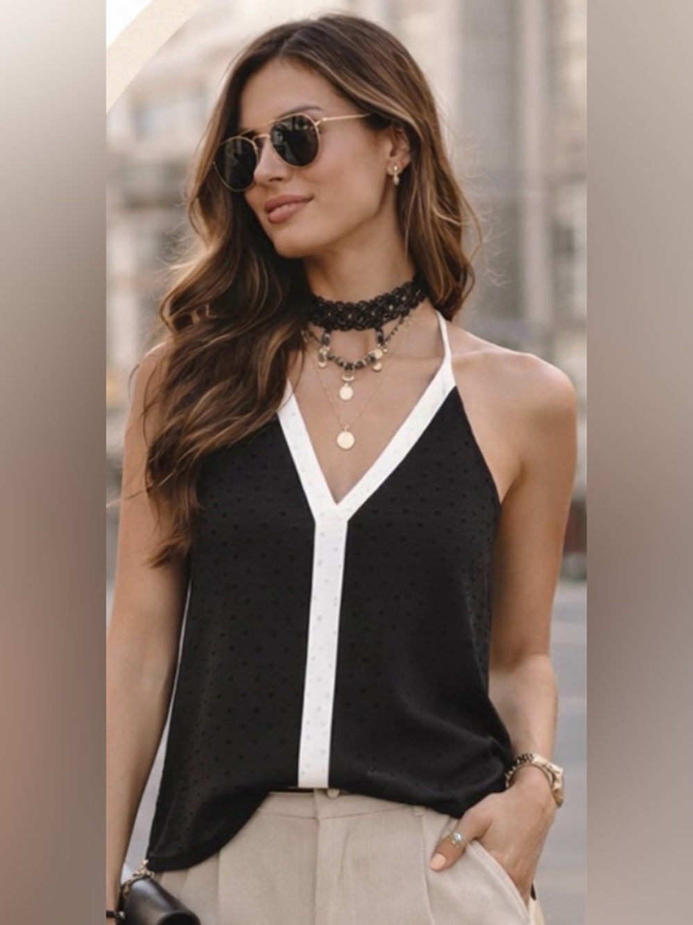 Sheer Polka Swiss Dot Halter Tank Top White Trim Flowy Blouse Chic Minimalist, M